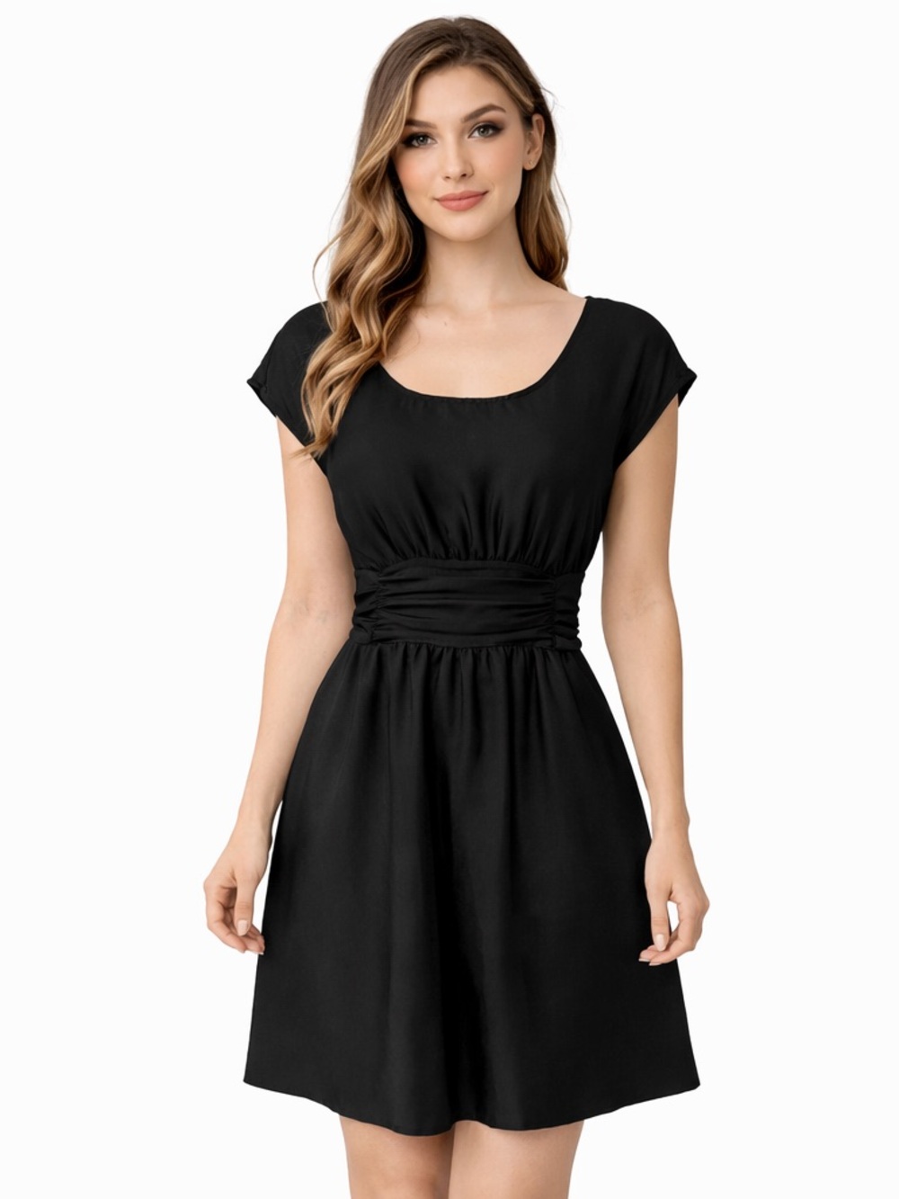 H&M Black Fit & Flare Dress Womens 8 Cap Sleeve Back Ruched Waist Tie Belt